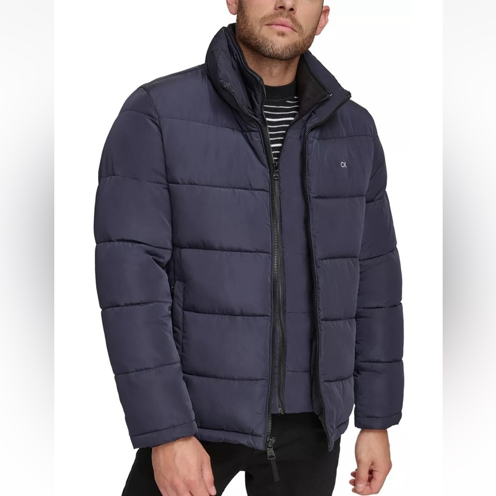 Calvin Klein Mens Full-Zip With Bib Puffer Jacket Navy Mens Medium New Flaw